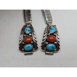 Native American Navajo Sterling Turquoise Coral Watch Tips With Expansion Band